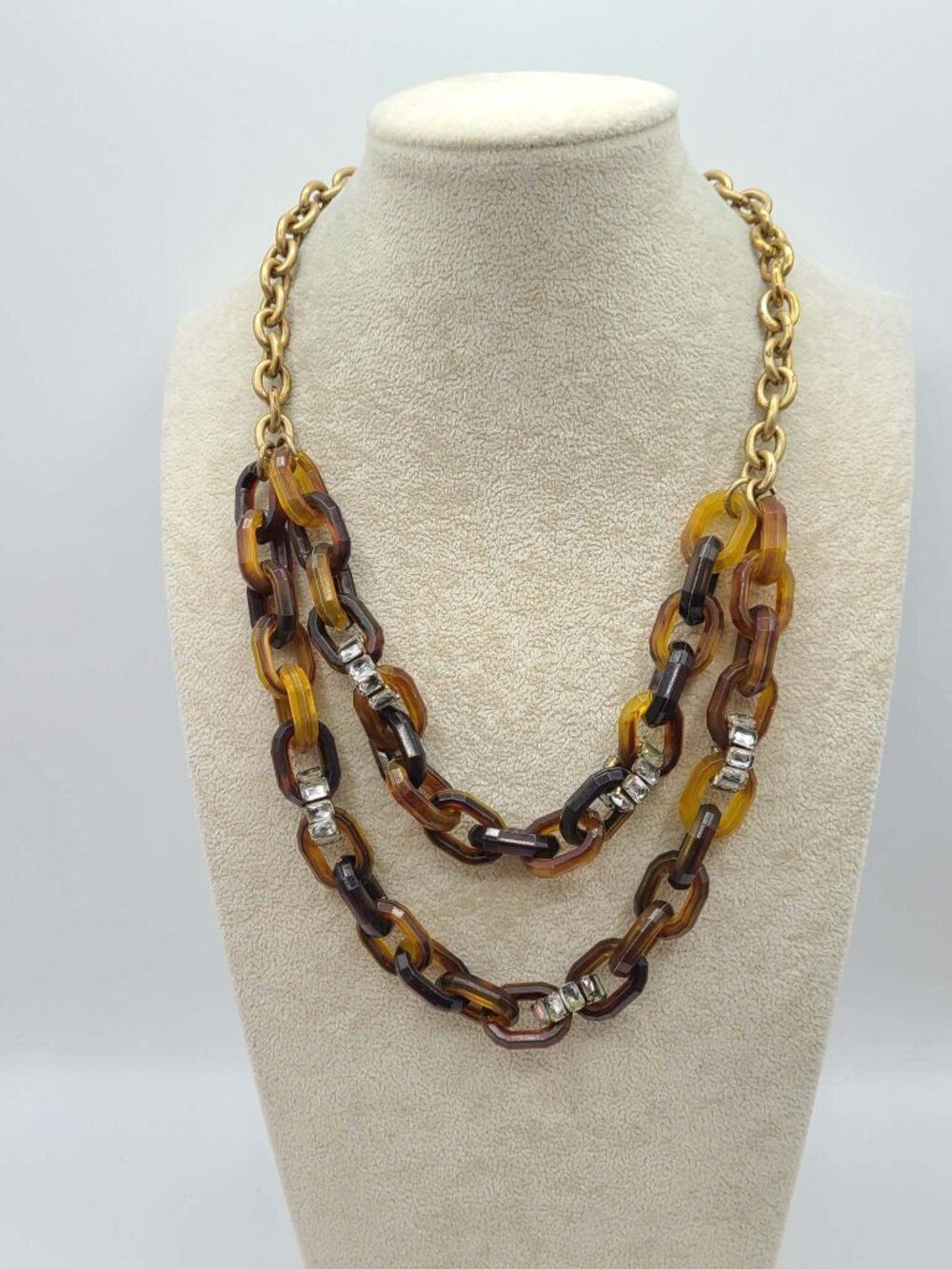 J Crew Faux Tortoise Double Strand Gold Tone with Crystals Necklace